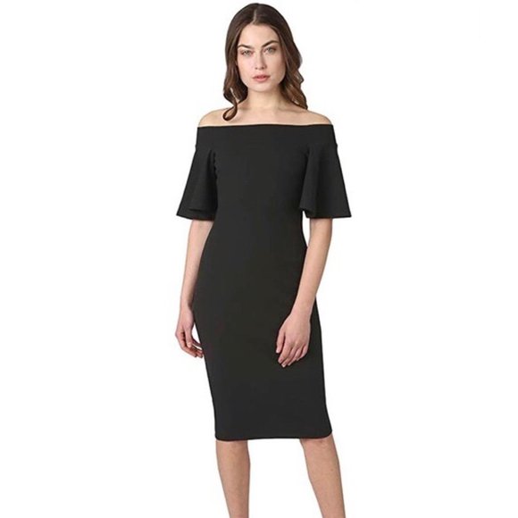 NWT Bebe Off The Shoulder Black Midi Dress 4 - Picture 1 of 12
